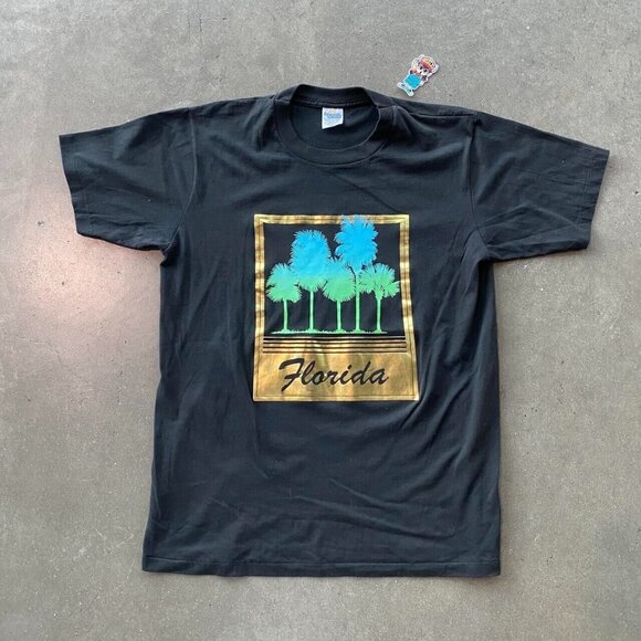 Vintage 90s Florida Palm Tree Black Graphic Tee Shirt Single Stitch Extra Large - Picture 1 of 7